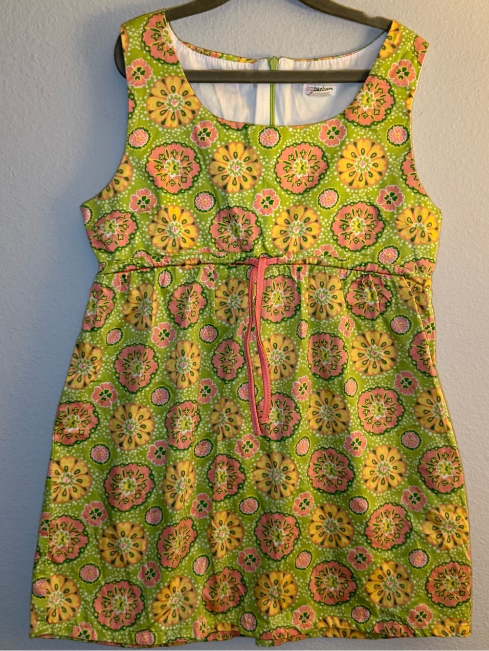 Girls Green Floral Sleeveless Dress with Pink Drawstring